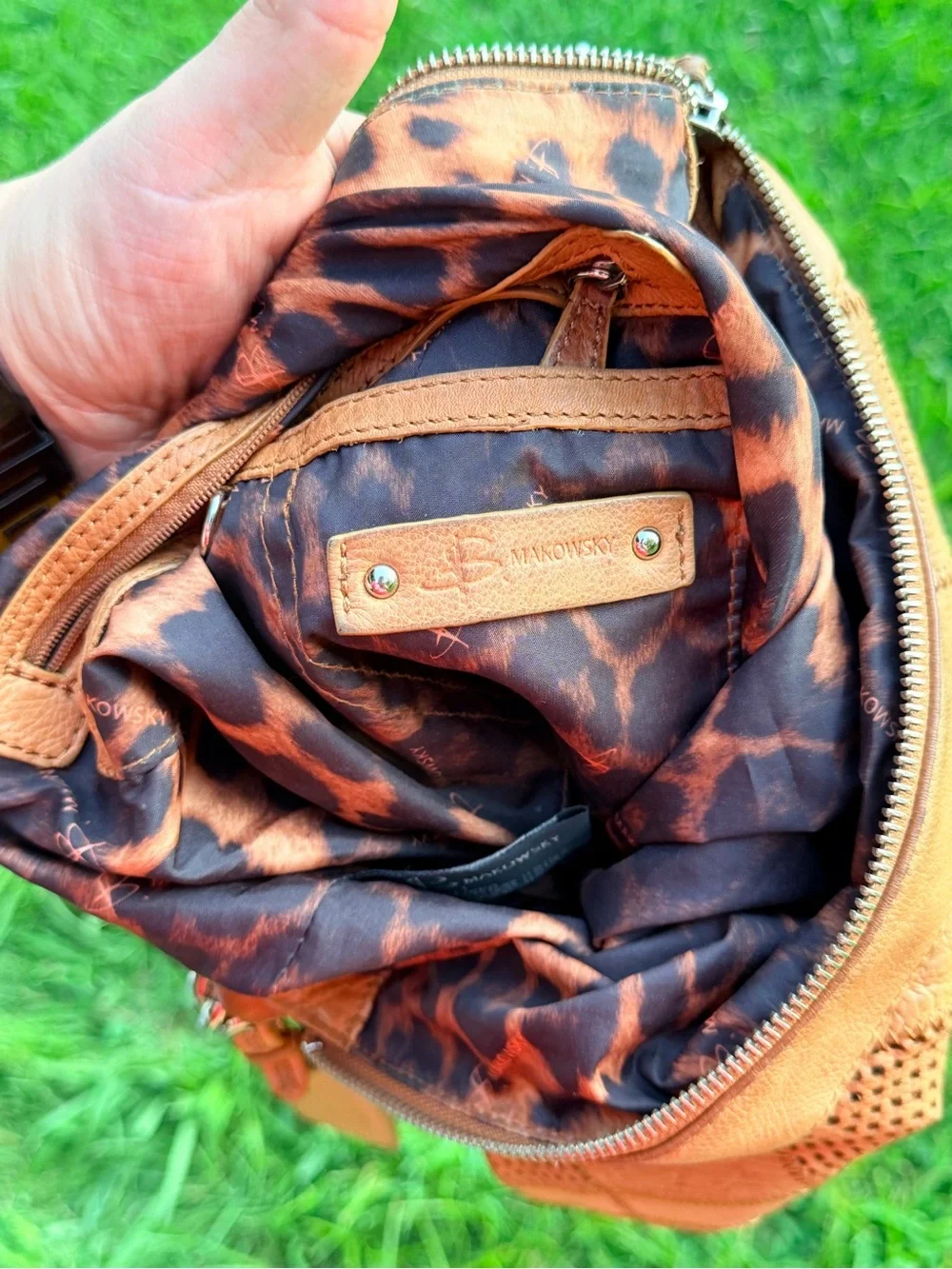b. makowsky Tan Patchwork Leather Hobo with Chain Accent